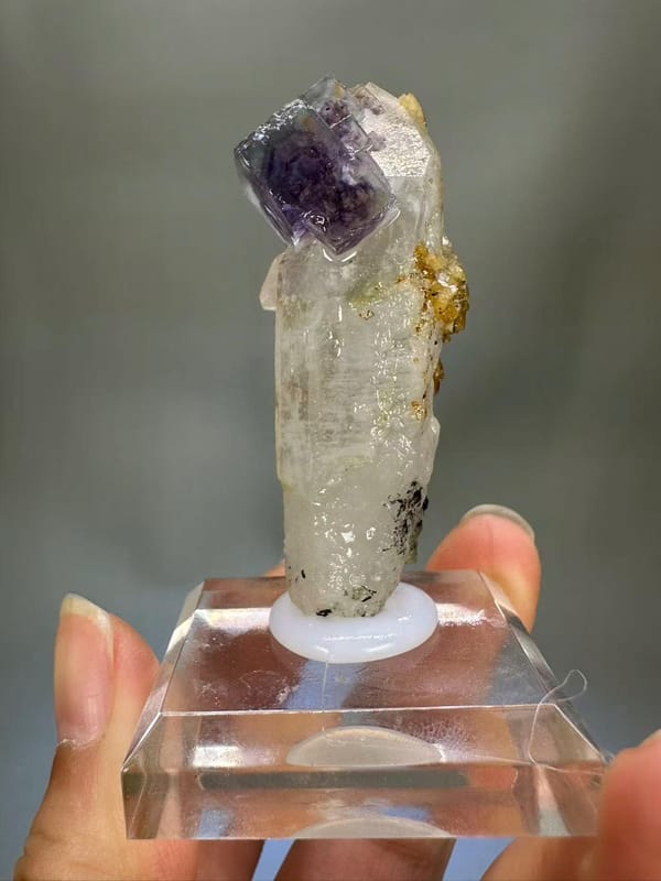 Quartz Fluorite Calcite Combination Yaogangxian Hunan - Purple Fluorite on Clear Quartz Column Thumbnail Specimen - SKU H1027
