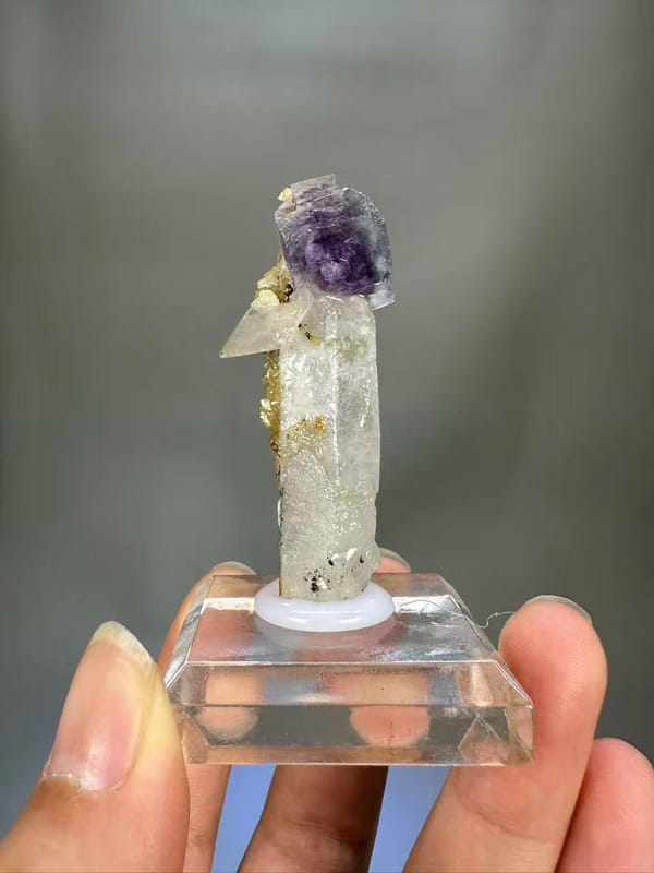 Quartz Fluorite Calcite Combination Yaogangxian Hunan - Purple Fluorite on Clear Quartz Column Thumbnail Specimen - SKU H1027