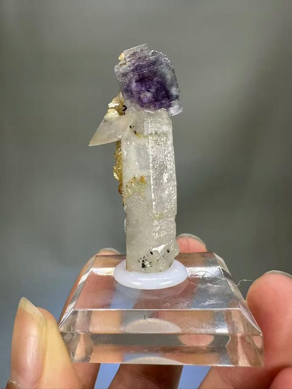 Quartz Fluorite Calcite Combination Yaogangxian Hunan - Purple Fluorite on Clear Quartz Column Thumbnail Specimen - SKU H1027