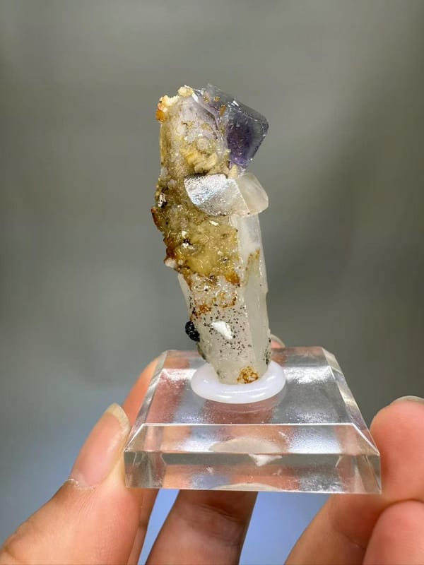 Quartz Fluorite Calcite Combination Yaogangxian Hunan - Purple Fluorite on Clear Quartz Column Thumbnail Specimen - SKU H1027