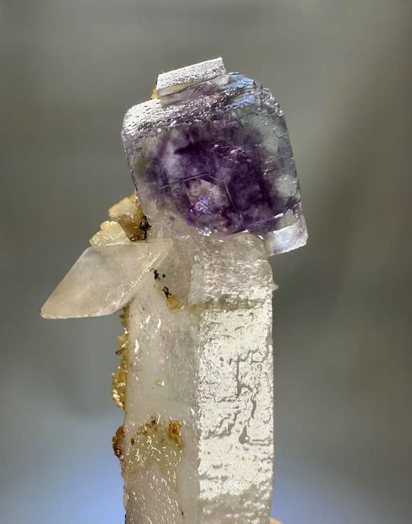 Quartz Fluorite Calcite Combination Yaogangxian Hunan - Purple Fluorite on Clear Quartz Column Thumbnail Specimen - SKU H1027