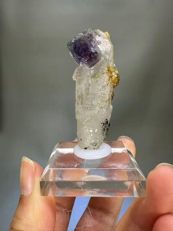 Quartz Fluorite Calcite Combination Yaogangxian Hunan - Purple Fluorite on Clear Quartz Column Thumbnail Specimen - SKU H1027