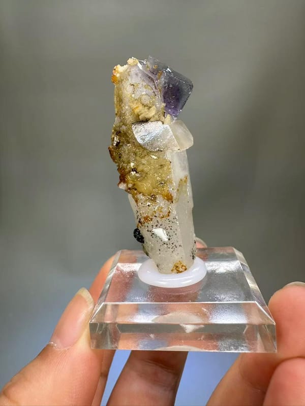 Quartz Fluorite Calcite Combination Yaogangxian Hunan - Purple Fluorite on Clear Quartz Column Thumbnail Specimen - SKU H1027