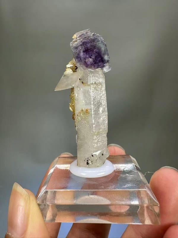 Quartz Fluorite Calcite Combination Yaogangxian Hunan - Purple Fluorite on Clear Quartz Column Thumbnail Specimen - SKU H1027
