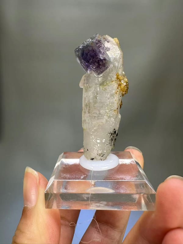 Quartz Fluorite Calcite Combination Yaogangxian Hunan - Purple Fluorite on Clear Quartz Column Thumbnail Specimen - SKU H1027