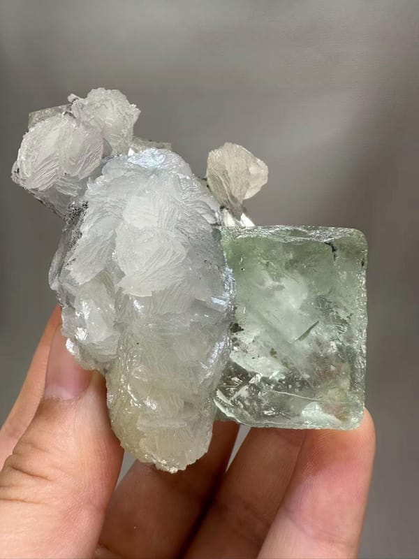 Fluorite Calcite Combination from Chenzhou Hunan China - Clear Green Cube with White Calcite Single Specimen - SKU H1037