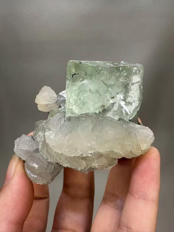 Fluorite Calcite Combination from Chenzhou Hunan China - Clear Green Cube with White Calcite Single Specimen - SKU H1037