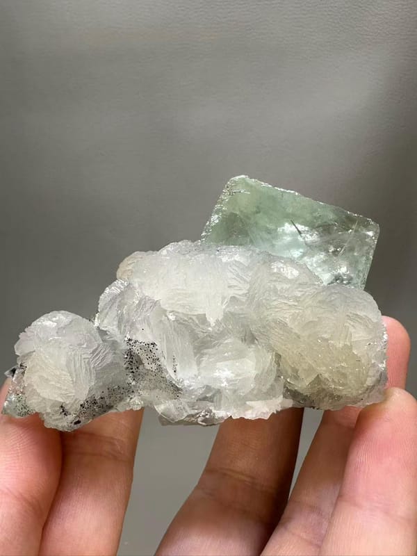 Fluorite Calcite Combination from Chenzhou Hunan China - Clear Green Cube with White Calcite Single Specimen - SKU H1037