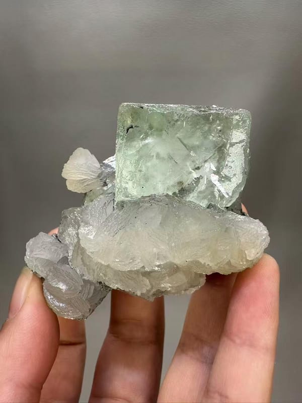 Fluorite Calcite Combination from Chenzhou Hunan China - Clear Green Cube with White Calcite Single Specimen - SKU H1037