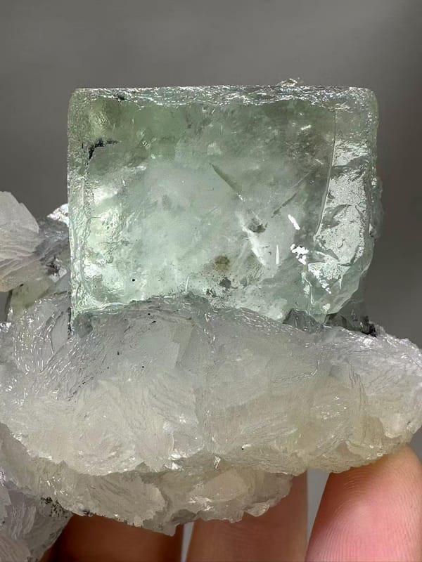 Fluorite Calcite Combination from Chenzhou Hunan China - Clear Green Cube with White Calcite Single Specimen - SKU H1037
