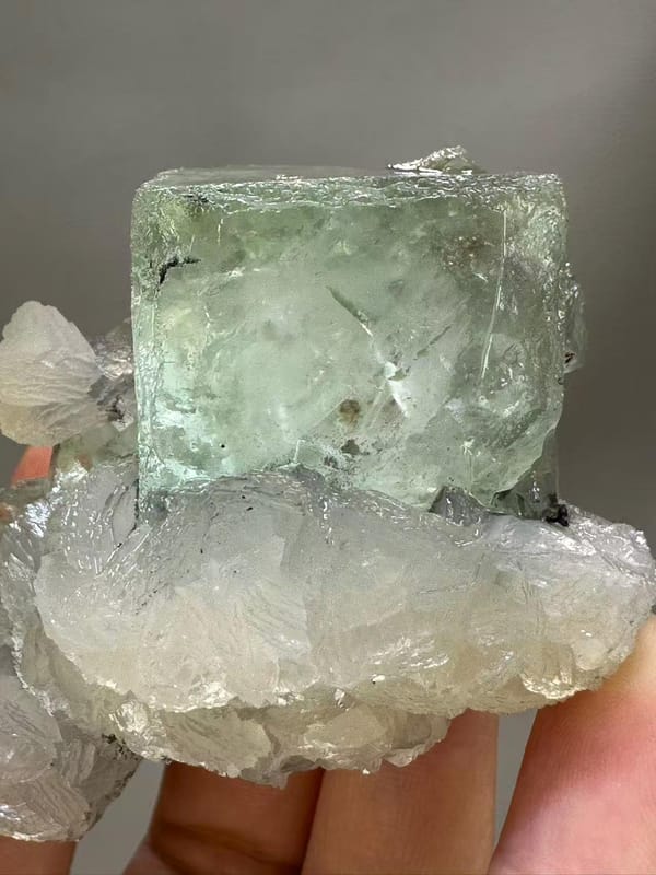 Fluorite Calcite Combination from Chenzhou Hunan China - Clear Green Cube with White Calcite Single Specimen - SKU H1037