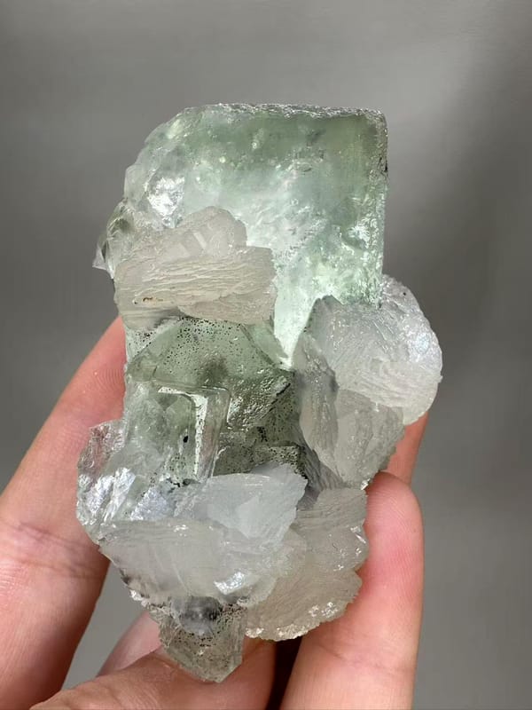 Fluorite Calcite Combination from Chenzhou Hunan China - Clear Green Cube with White Calcite Single Specimen - SKU H1037
