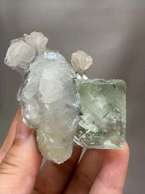 Fluorite Calcite Combination from Chenzhou Hunan China - Clear Green Cube with White Calcite Single Specimen - SKU H1037