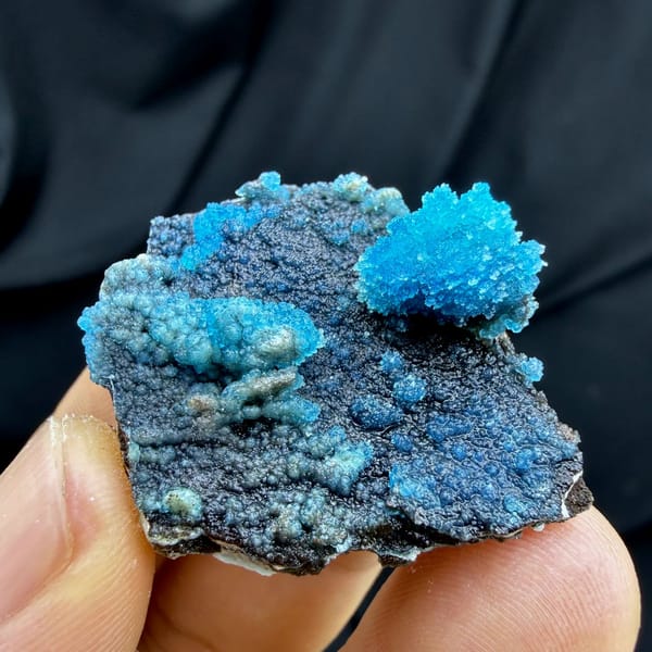 Electric-blue botryoidal allophane on gibbsite from Guizhou, China, view 3 of 6