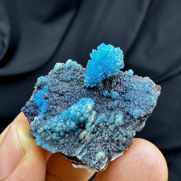 Electric-blue botryoidal allophane on gibbsite from Guizhou, China, view 6 of 6