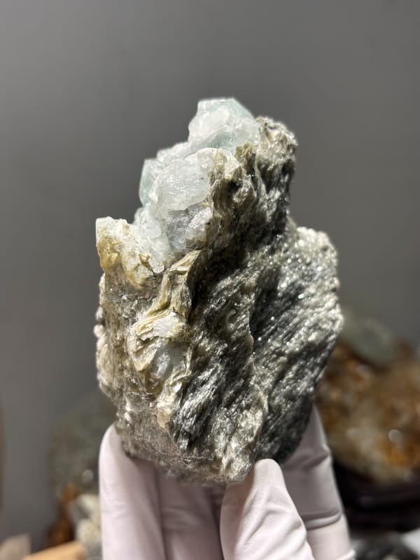 Mica block with pale green aquamarine crystals from Xuebaoding, Sichuan, China, second angle