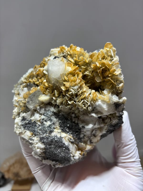Golden mica and aquamarine cluster with cassiterite and quartz from Xuebaoding, Sichuan, China, reverse side