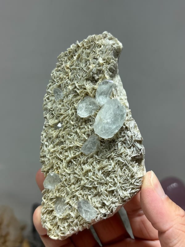 Plate of tan mica with pale aquamarine crystals from Xuebaoding, Sichuan, China, held in hand