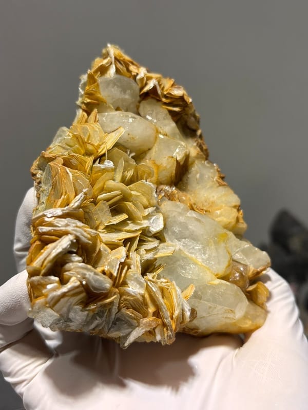 Golden mica plate with aquamarine and scheelite from Xuebaoding, Sichuan, China, view 2 of 6
