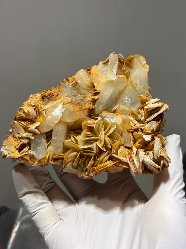 Golden mica plate with aquamarine and scheelite from Xuebaoding, Sichuan, China, view 3 of 6