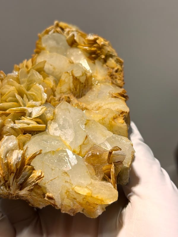 Golden mica plate with aquamarine and scheelite from Xuebaoding, Sichuan, China, view 6 of 6