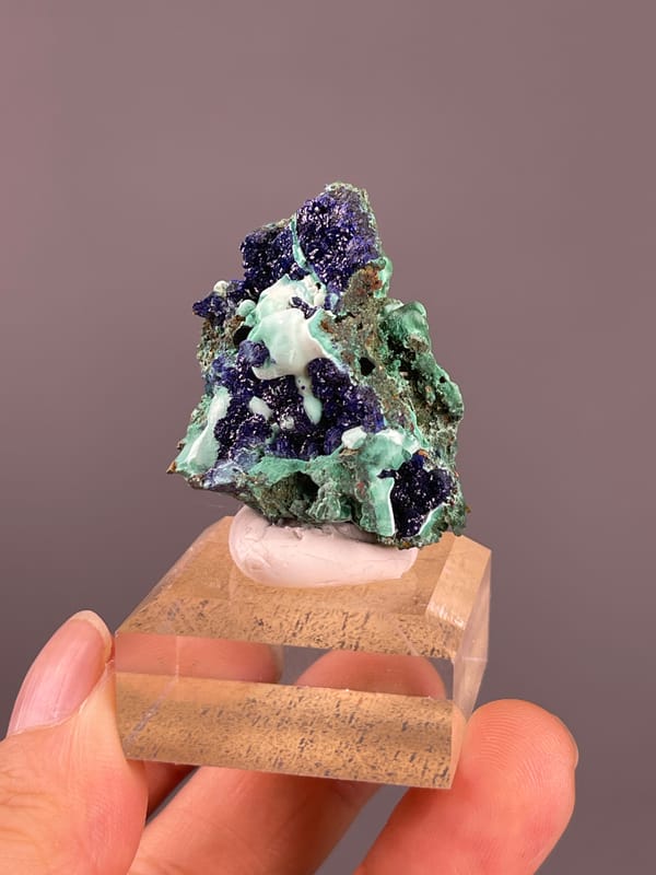 Azurite from Anhui, China: front face with contrasting blue and green patches.