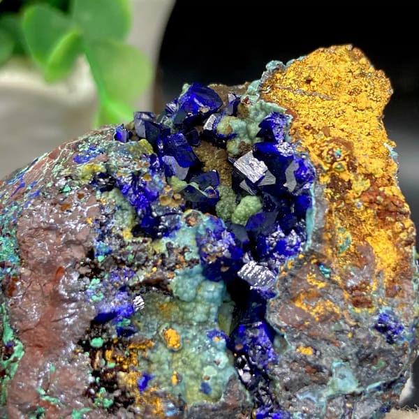Deep blue azurite crystals with malachite and orange limonite from Anhui, China, view 9 of 9