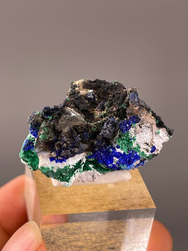 Azurite specimen from Qinglong, Guizhou, China showing blue azurite and green malachite
