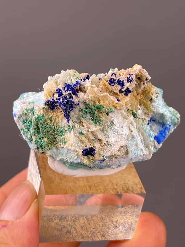 Azurite specimen from Qinglong, Guizhou, China, defined by blue azurite and green malachite on white blades