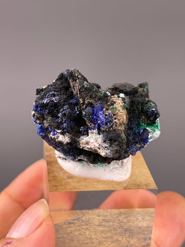 Blue azurite and green malachite visible on azurite specimen from Qinglong, Guizhou, China