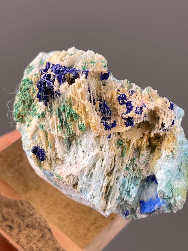 Blue azurite and green malachite on white blades on natural azurite specimen from Qinglong, Guizhou, China