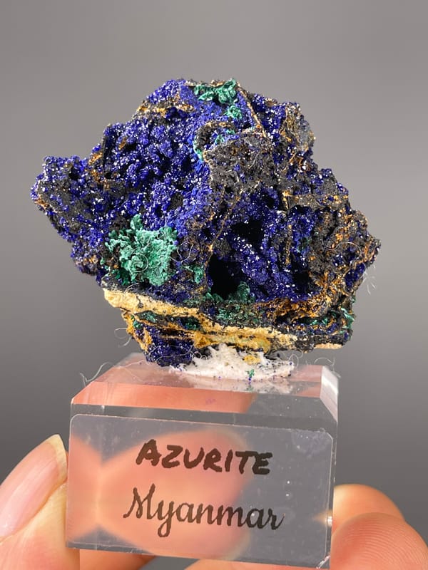 Azurite specimen from Myanmar featuring royal-blue crystals with green patches