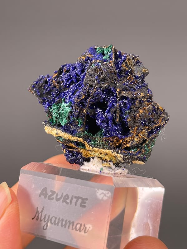 Royal-blue crystals with green patches visible on azurite specimen from Myanmar