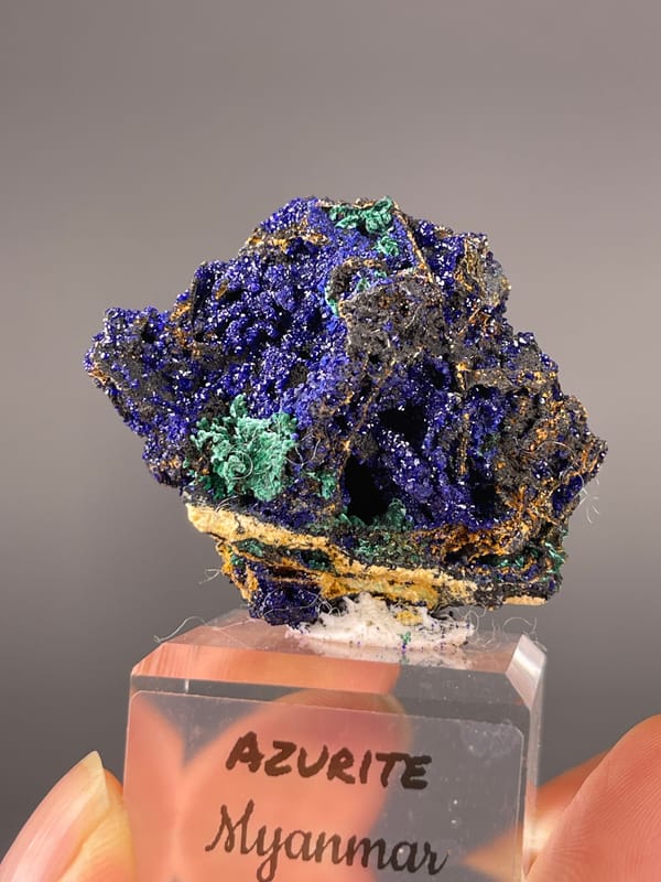 Azurite specimen from Myanmar, characterized by royal-blue crystals with green patches