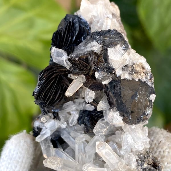 Black specular hematite rosettes with clear quartz prisms from Guangdong, China, view 6 of 9