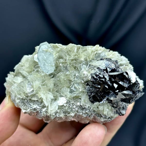Black cassiterite and pale aquamarine prism on muscovite from Xuebaoding, Sichuan, China