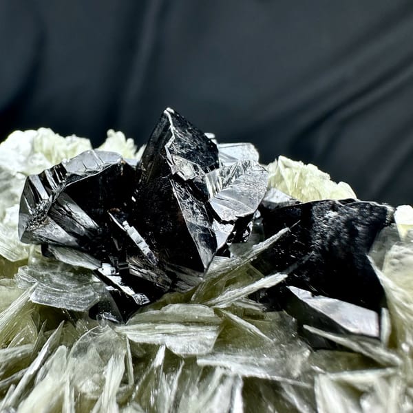 Black cassiterite crystals on pearly muscovite mica from Xuebaoding, Sichuan, China, view 2 of 6