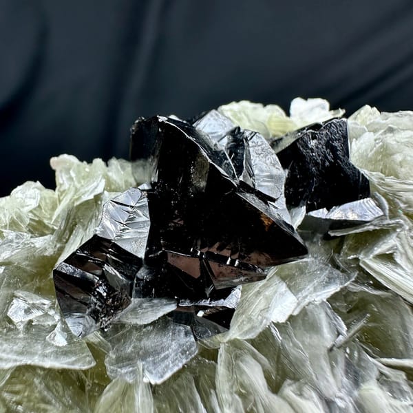 Black cassiterite crystals on pearly muscovite mica from Xuebaoding, Sichuan, China, view 4 of 6