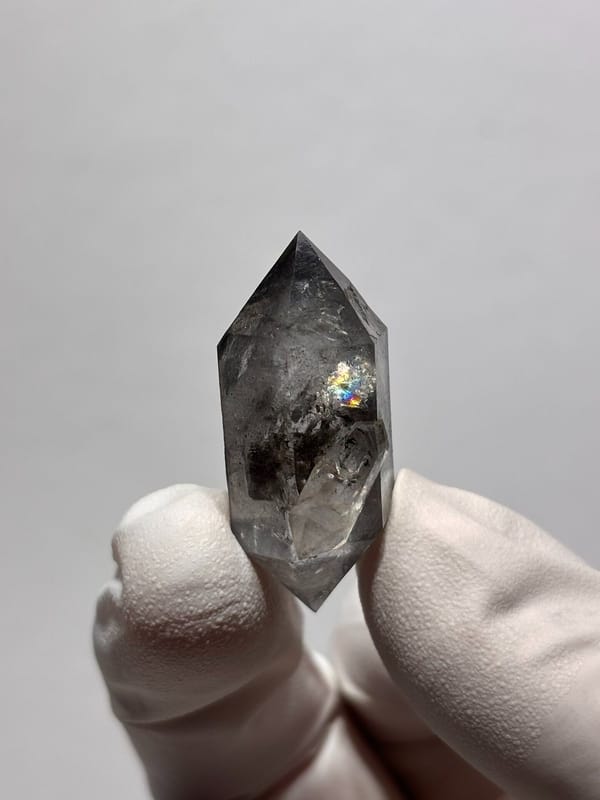 Stout black-flecked double-terminated quartz with side crystal from Yunnan, China, view 5 of 8