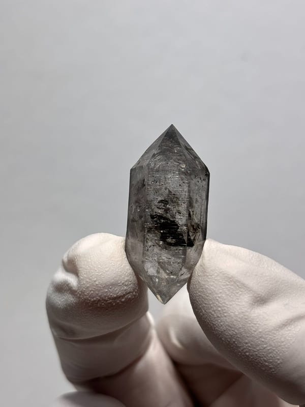 Stout black-flecked double-terminated quartz with side crystal from Yunnan, China, view 7 of 8