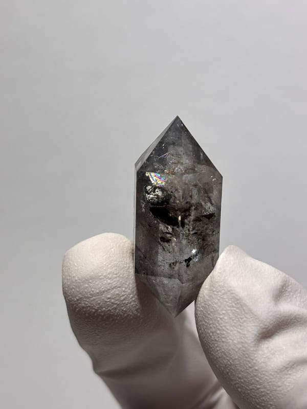 Stout black-flecked double-terminated quartz with side crystal from Yunnan, China, view 8 of 8