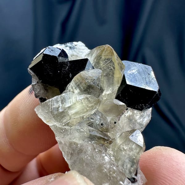 Black tourmaline crystal on pale smoky quartz from Namibia, view 5 of 6