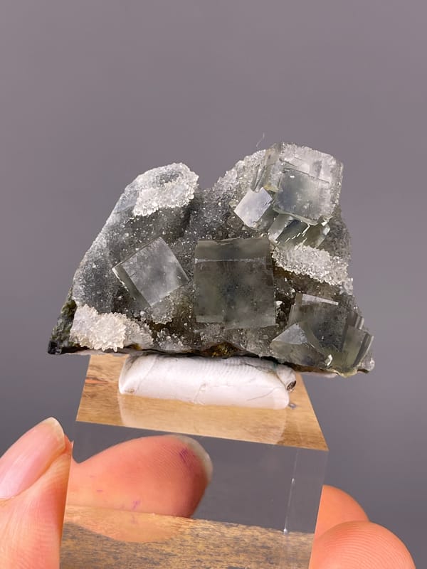 Blue-core Fluorite specimen from Sanming, Fujian, China featuring gray-green cubes with white quartz