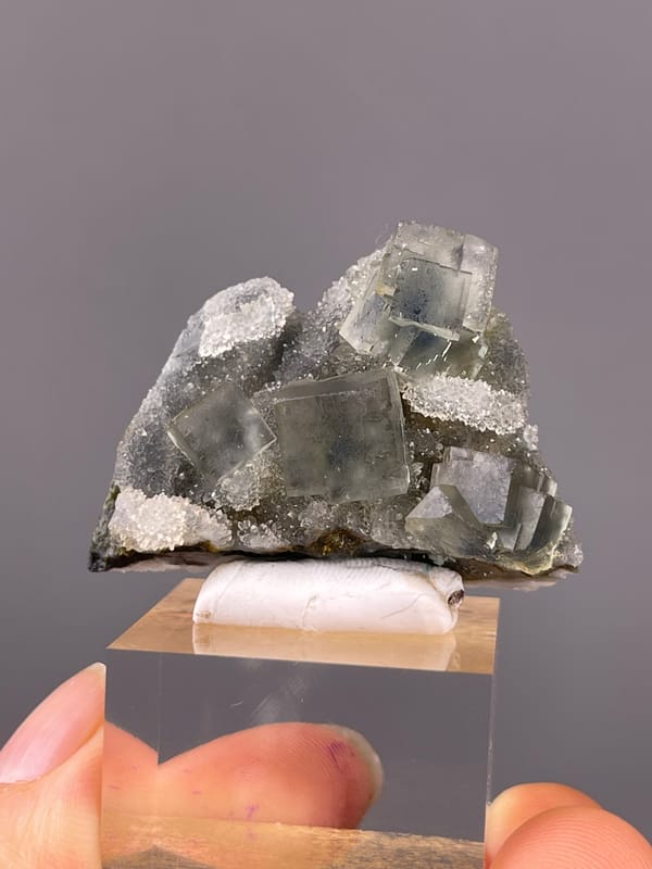 Blue-core Fluorite specimen from Sanming, Fujian, China showing gray-green cubes with white quartz