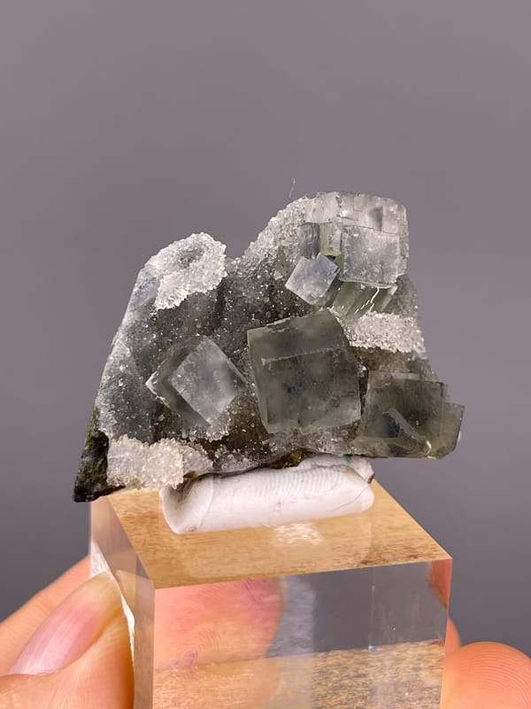 Blue-core Fluorite specimen from Sanming, Fujian, China presenting gray-green cubes with white quartz