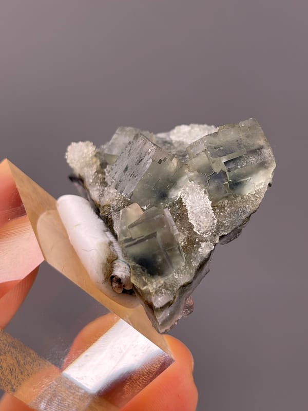 Blue-core Fluorite specimen from Sanming, Fujian, China displaying gray-green cubes with white quartz
