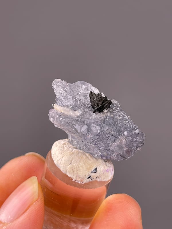 Blue Fluorite specimen from Yaogangxian Mine, Hunan, China presenting pale lilac fluorite with black blades