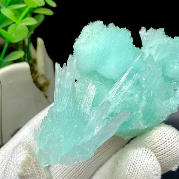 Pale turquoise radiating aragonite with botryoidal cap from Yunnan, China, view 7 of 9
