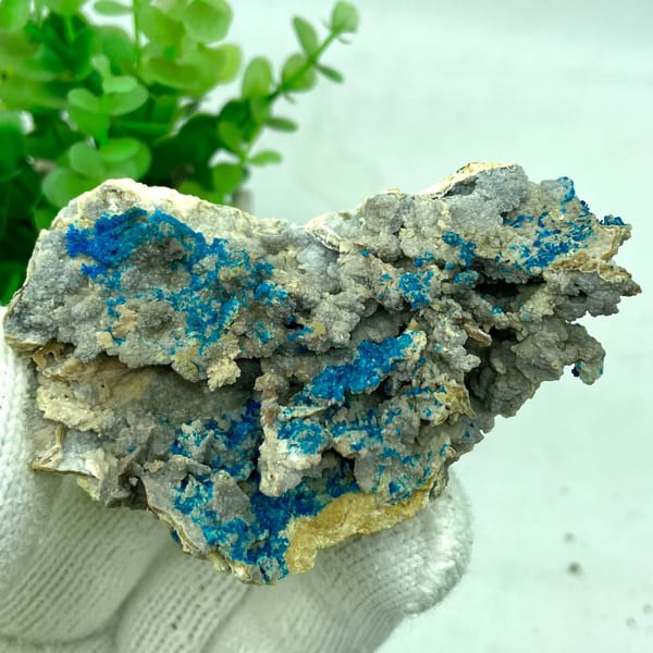 Blue veszelyite crystals scattered over grey matrix from Yunnan, China, view 2 of 9