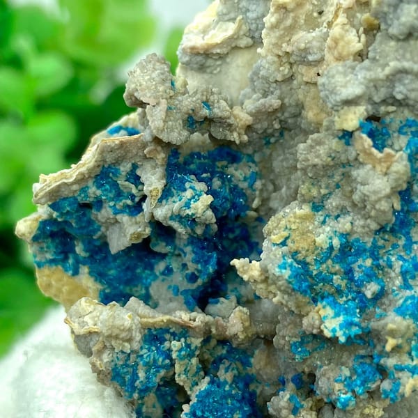 Blue veszelyite crystals scattered over grey matrix from Yunnan, China, view 5 of 9